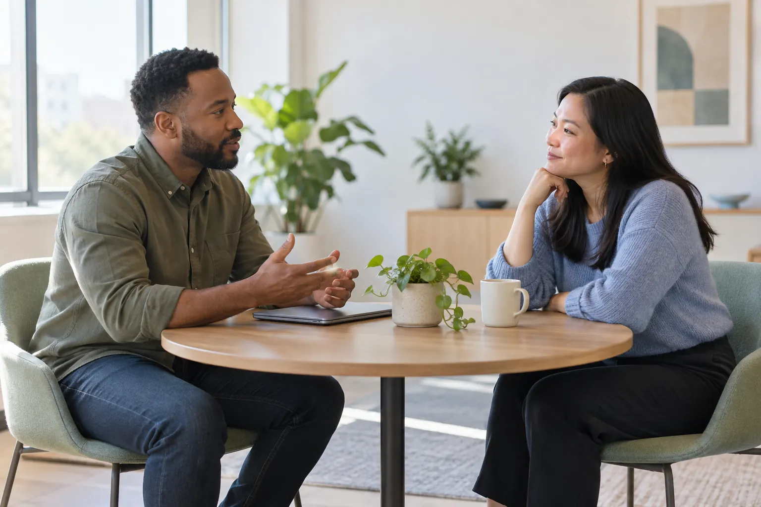 A man explains a point at a small round table while his colleague listens closely, chin in hand.