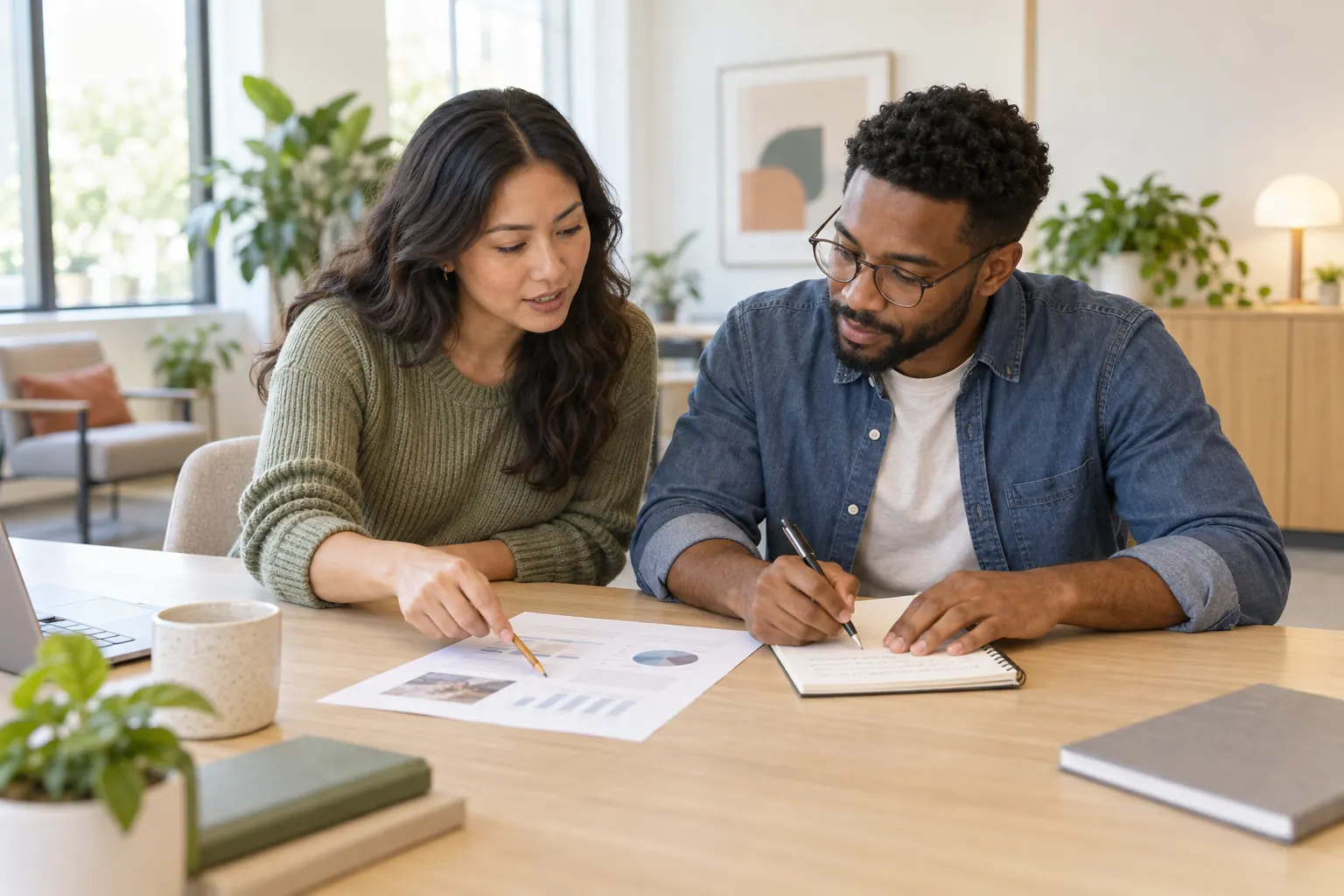 Two coworkers review a printed document together, one pointing with a pencil while the other takes notes.