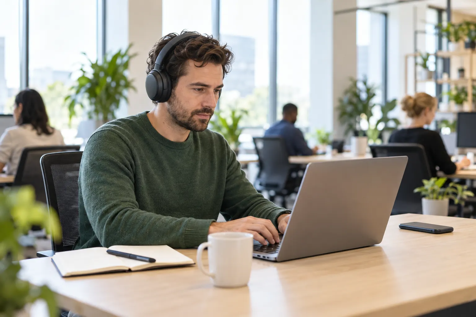 A man in headphones types at a tidy office desk with a notebook, a mug and his phone face down.