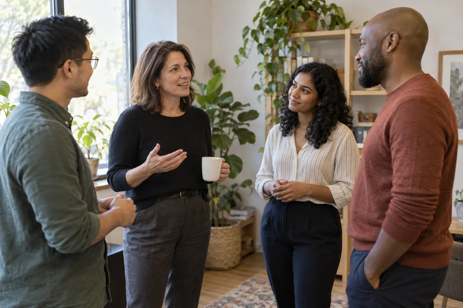 A manager holding a coffee cup leads a quick standing meeting with three teammates by an office window.