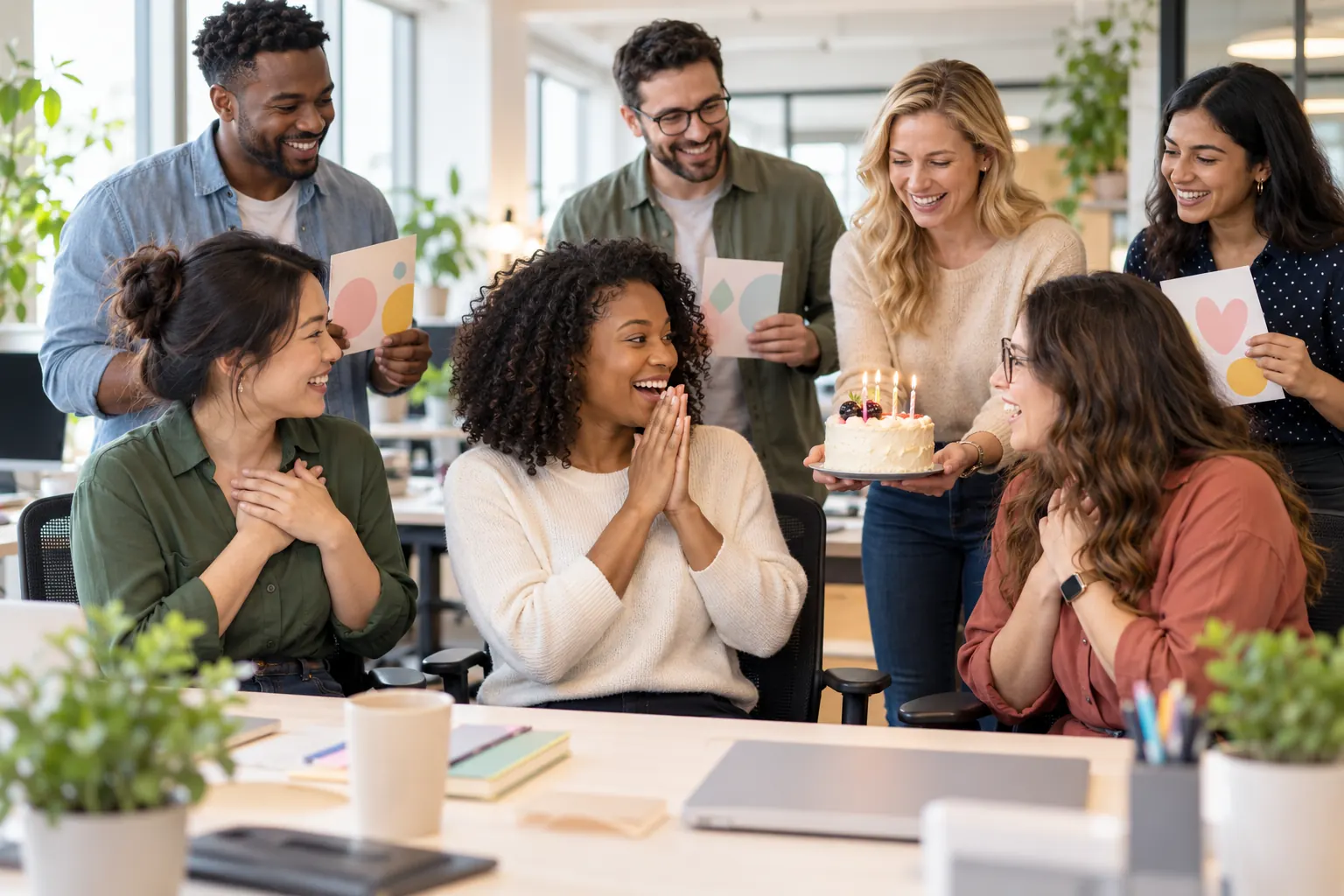 Coworkers surprise three seated colleagues with a candlelit cake and colorful cards in a bright office.