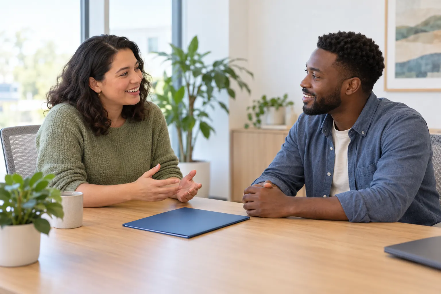 Two colleagues talk warmly across a meeting table with a blue folder in a bright, plant-filled office.
