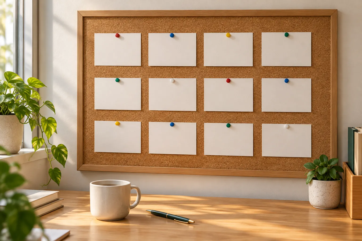 Twelve blank index cards pinned in neat rows on an office corkboard above a desk with a coffee mug and pen.
