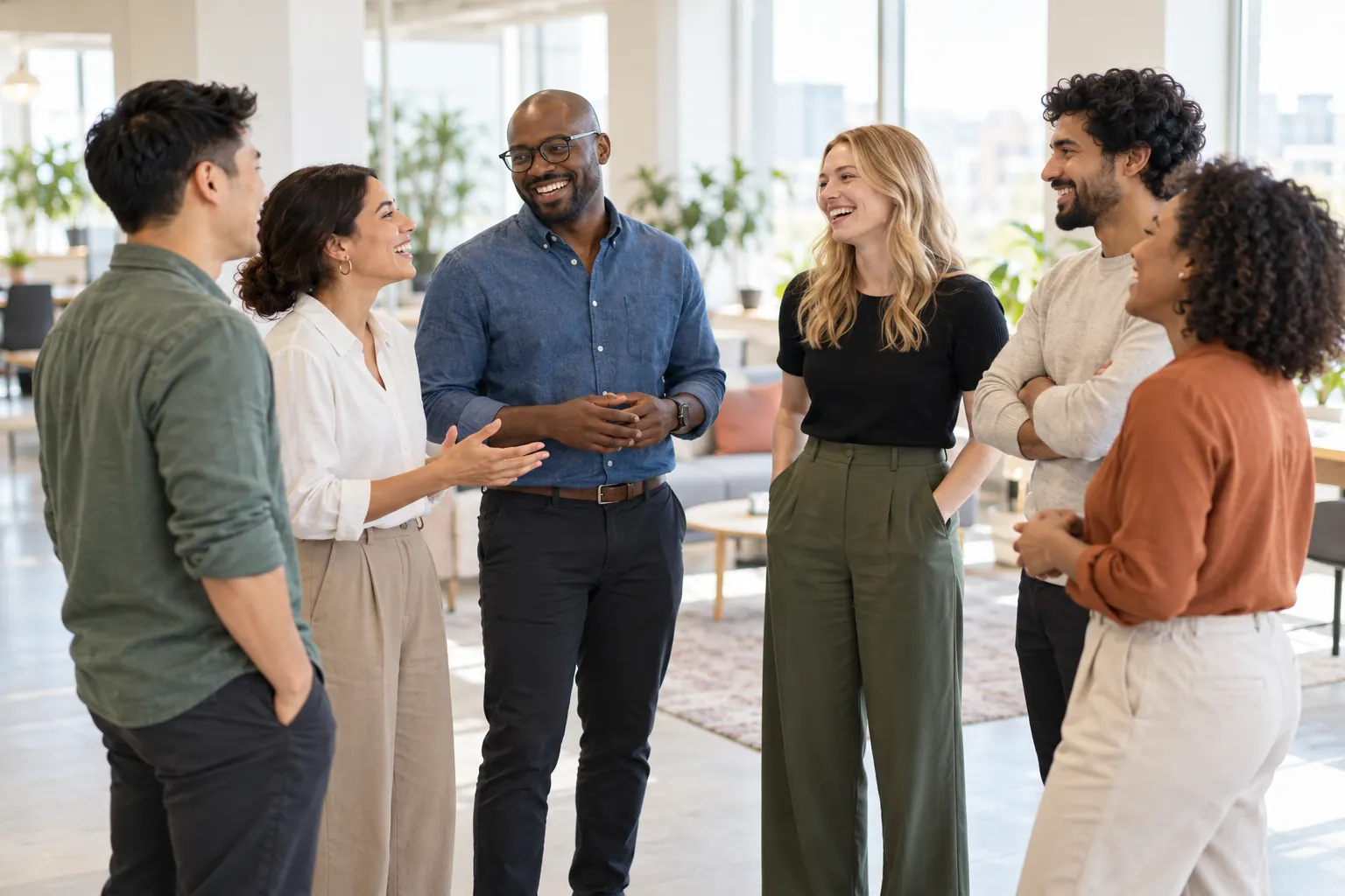 New colleagues stand in a circle in a bright office, laughing as they introduce themselves.
