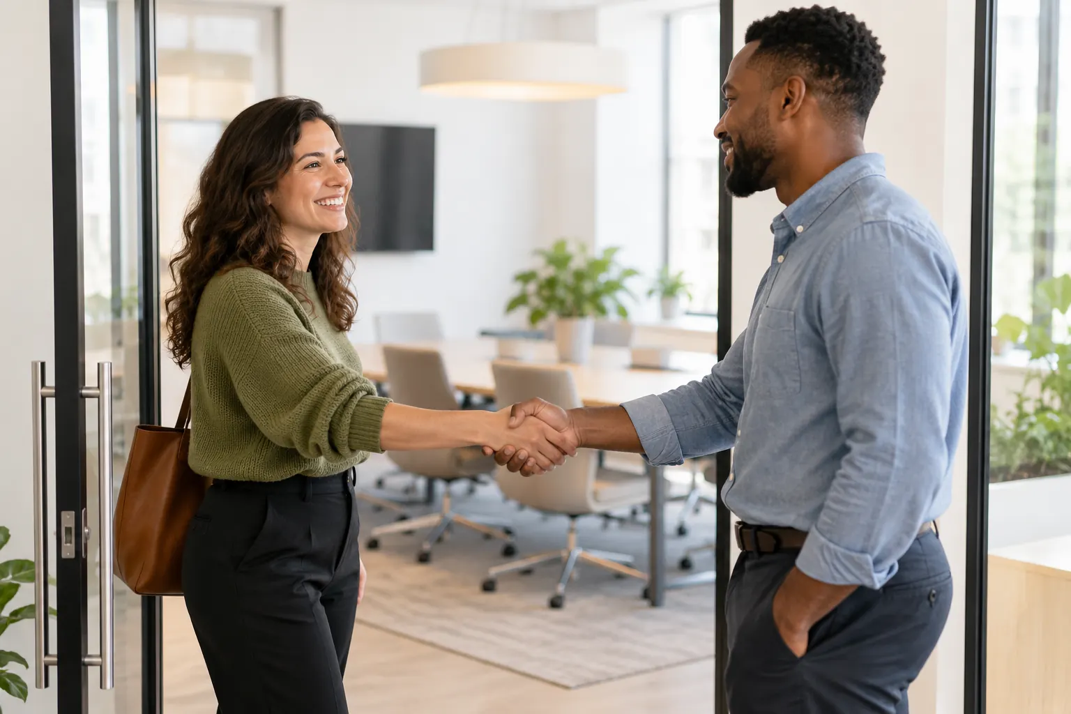 Two coworkers meet for the first time with a friendly handshake at a conference room door.