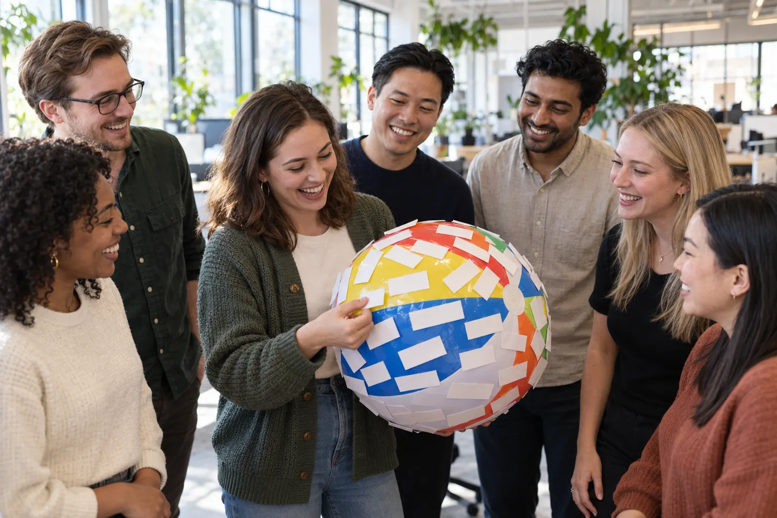 Coworkers in an office circle laugh as a woman reads a strip on a beach ball covered in questions