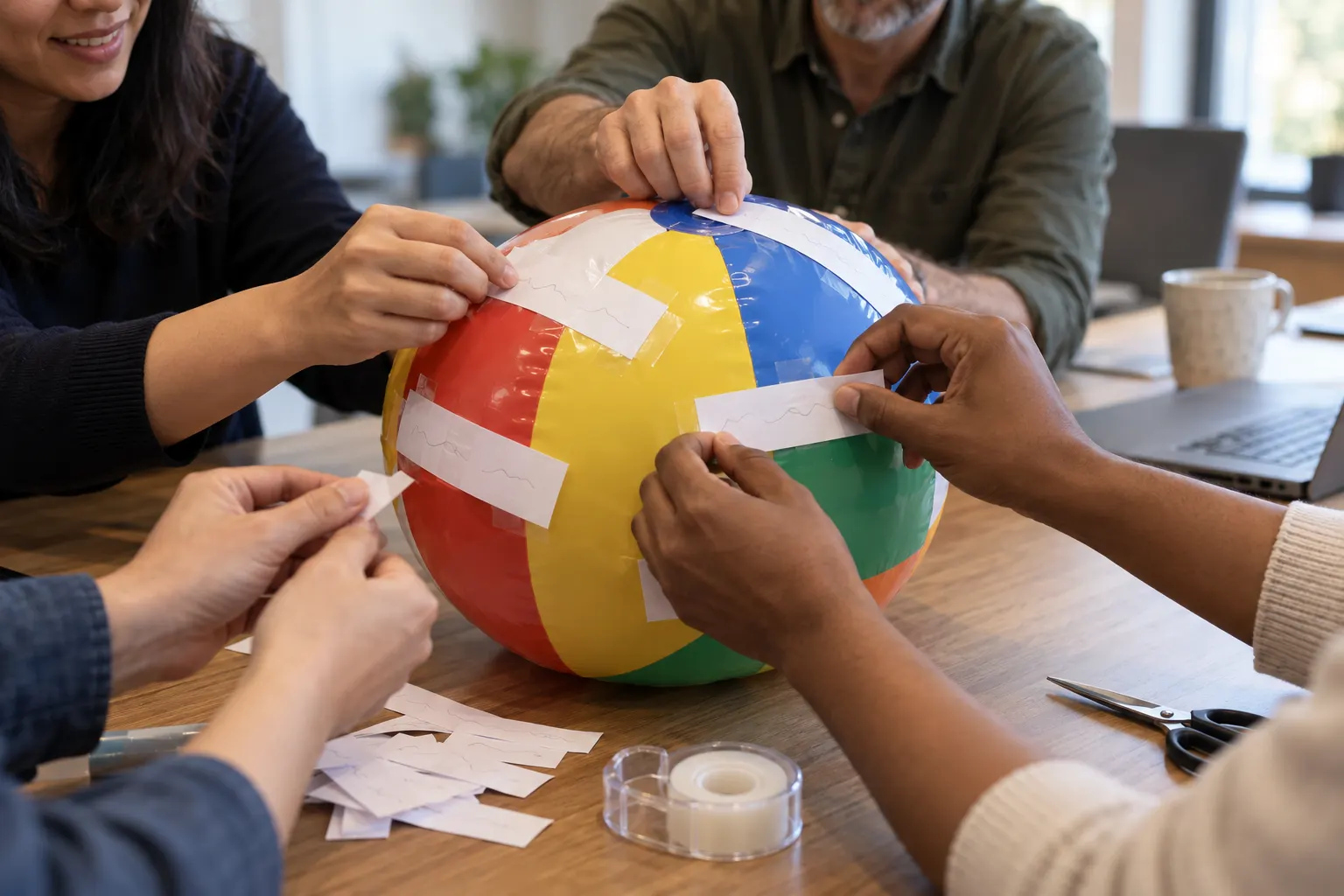 Coworkers tape cut paper strips onto a beach ball at a meeting table, with scissors and tape nearby