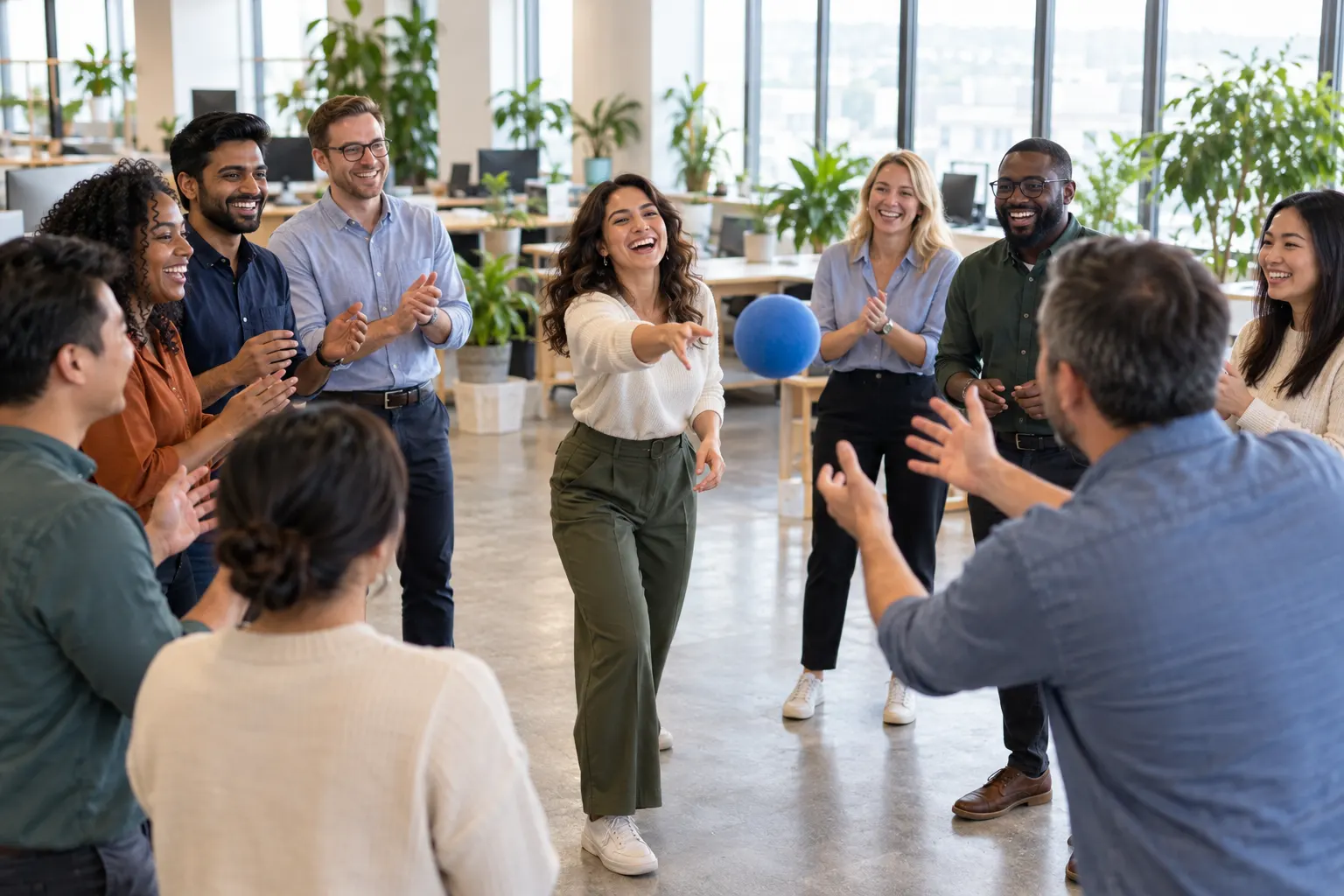 Coworkers stand in a circle in an office, laughing as one tosses a soft ball to another