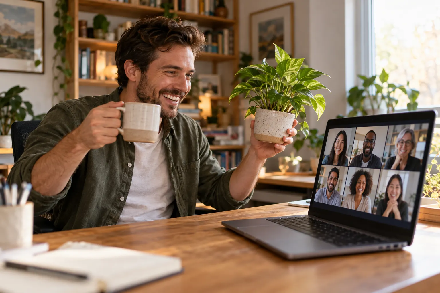 A remote worker holds up a mug and a houseplant to his laptop camera during a video call game