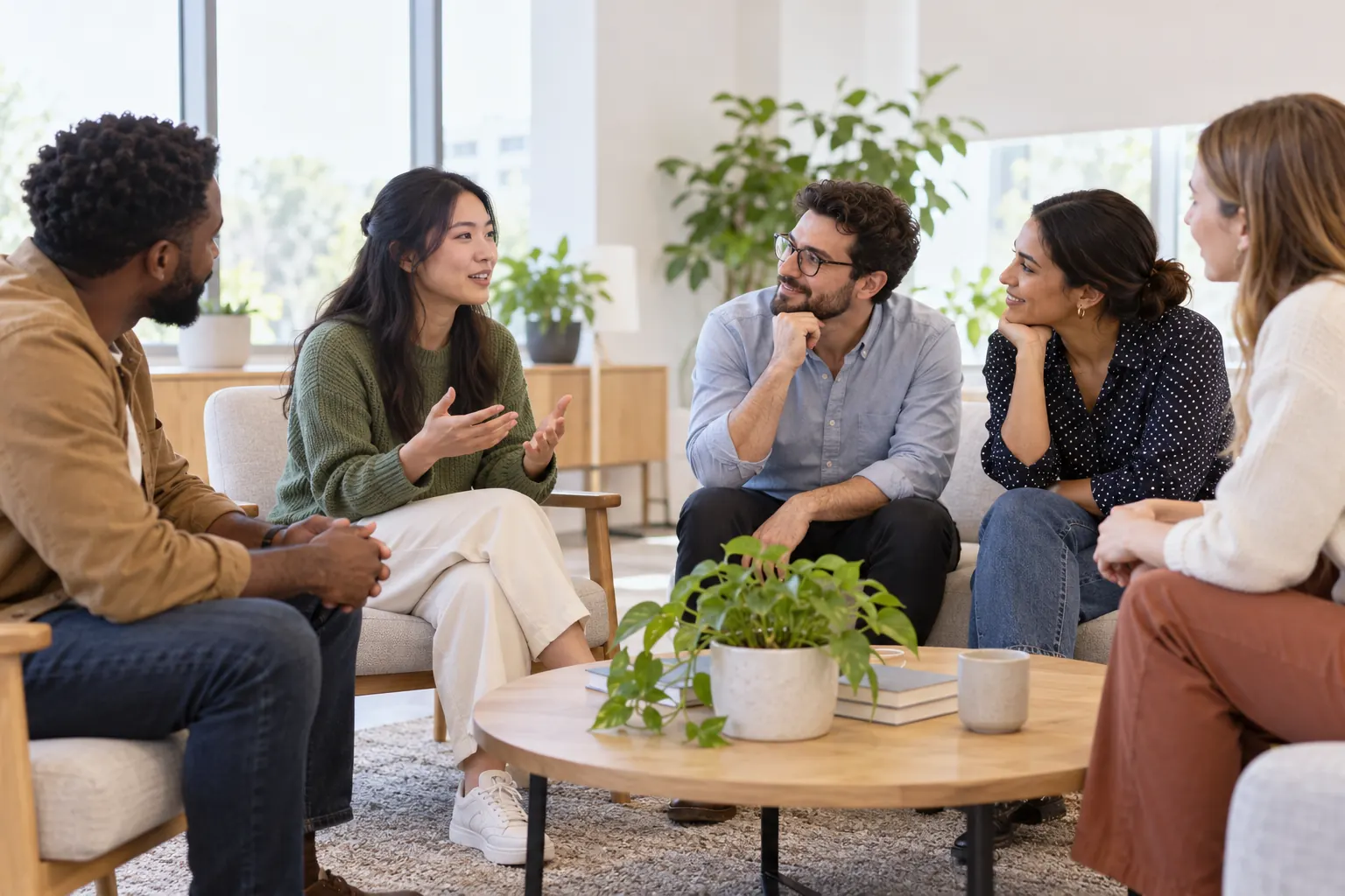 Coworkers sit around a low table in an office lounge and listen closely as one colleague shares an idea.