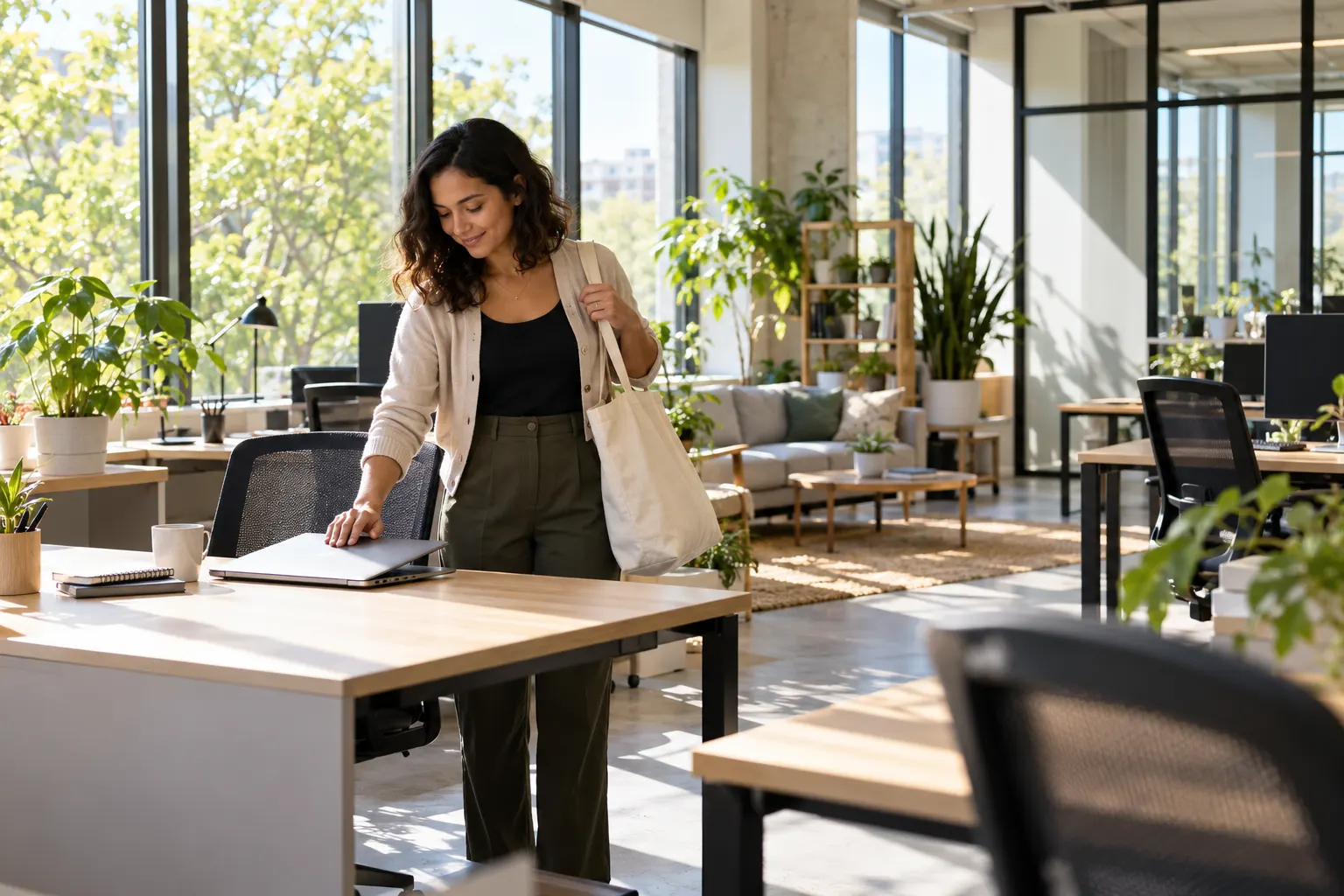 An employee closes a laptop and picks up a tote bag in a quiet, sunny office with empty desks