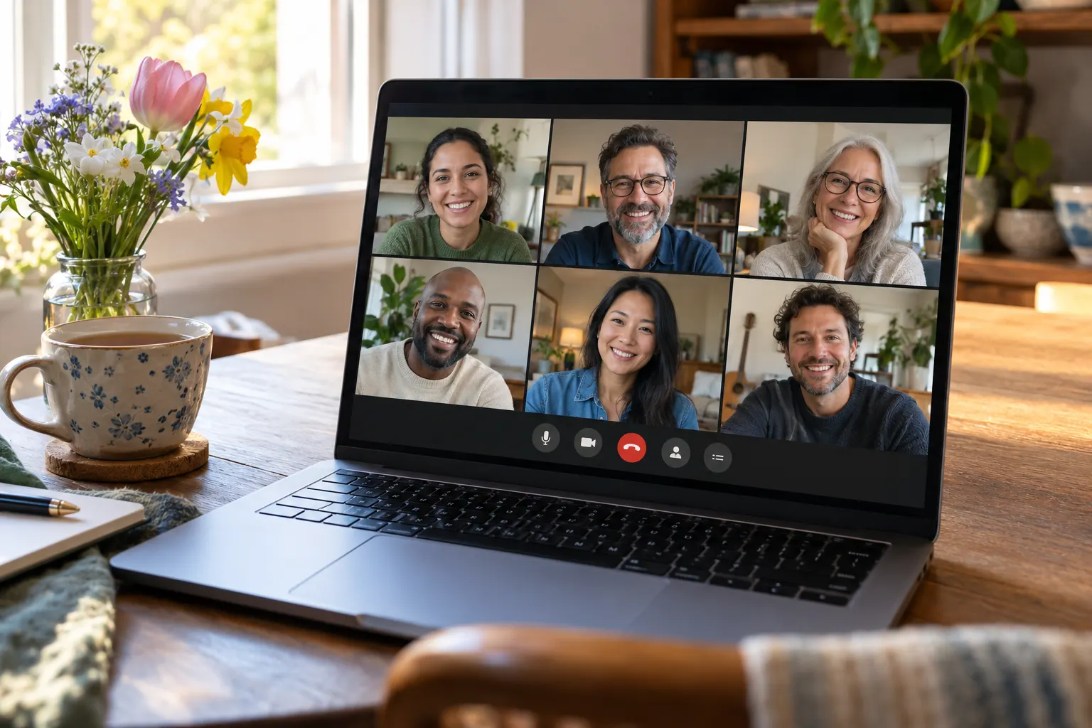 A laptop on a home desk shows a video call of six smiling coworkers beside tea and flowers