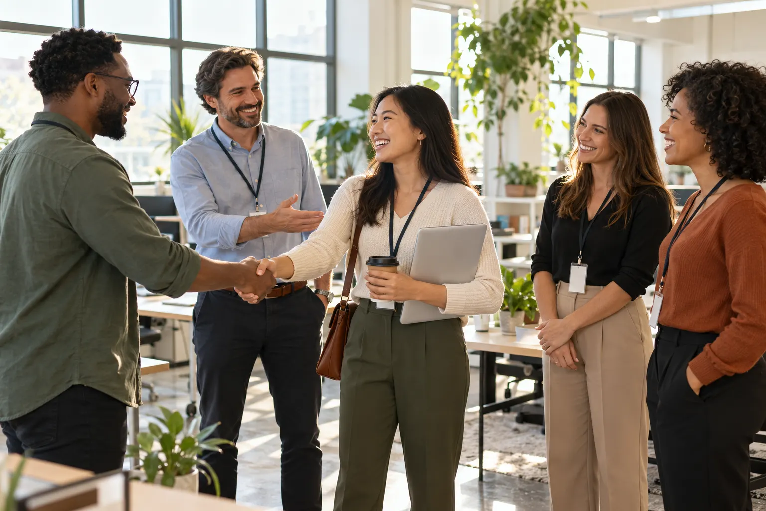 A manager introduces a smiling new hire holding a laptop and coffee to her new team as one colleague shakes her hand.