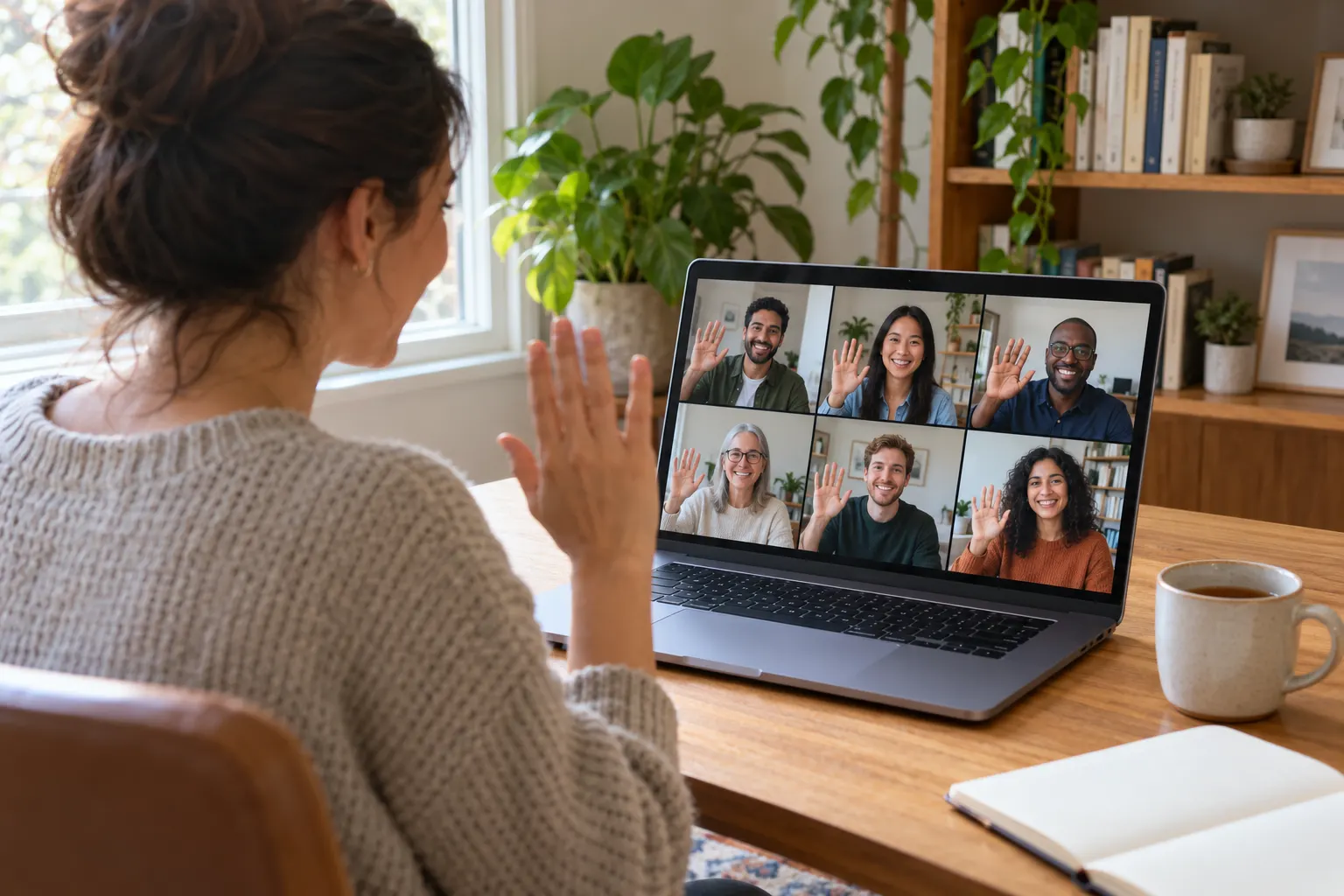 A remote worker at a home desk waves to six smiling colleagues on a laptop video call.