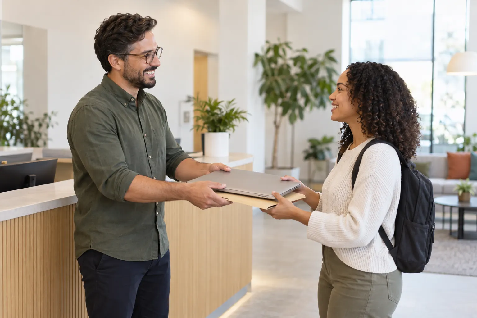 A smiling manager hands a laptop and a folder to a new hire with a backpack at the front desk.