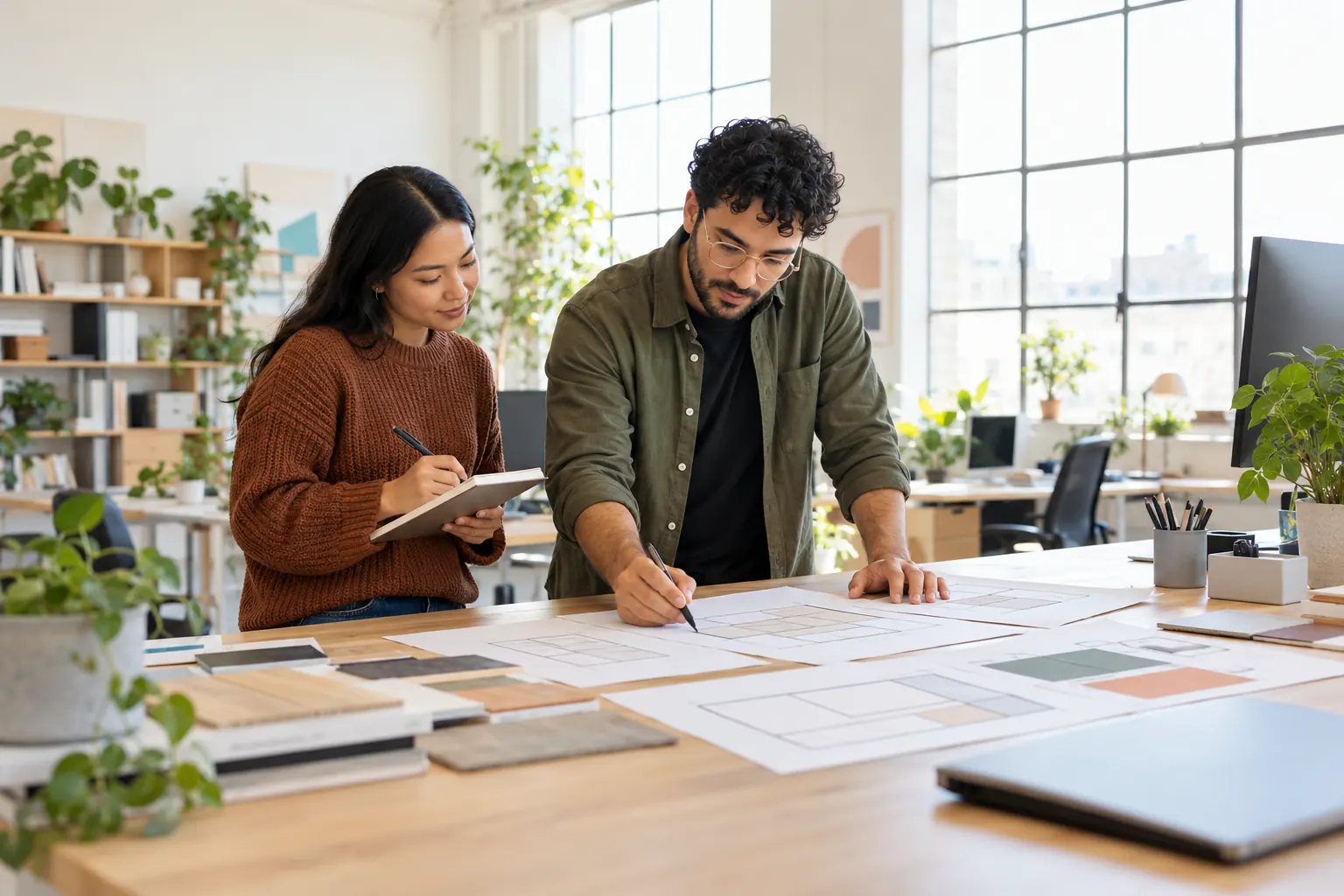 A trainee takes notes while a designer sketches layouts on paper at a large table in a bright studio.