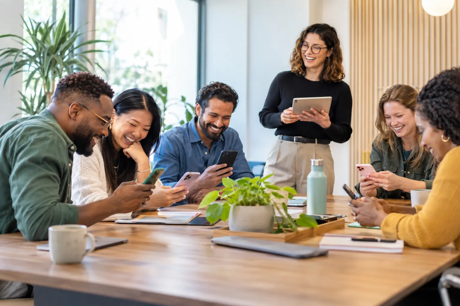 Coworkers around a meeting table laugh as they answer a quiz on their phones while a colleague runs it from a tablet.