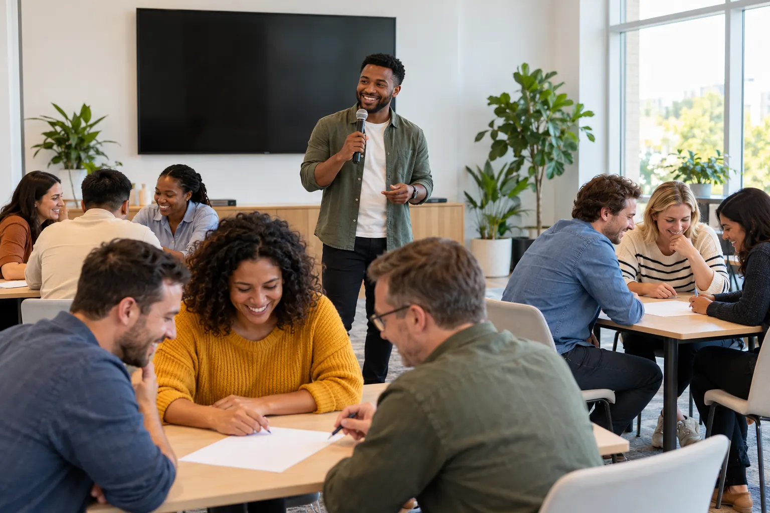 A quiz host with a microphone smiles at teams of coworkers who lean in and write their answers on paper at their tables.