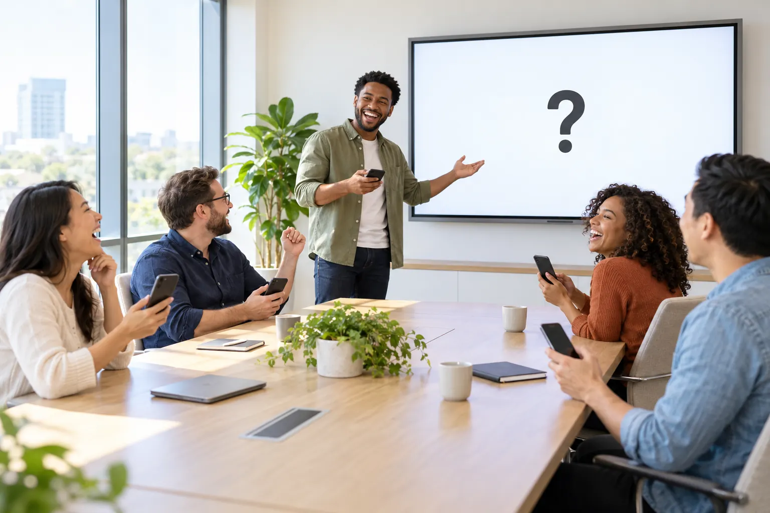 Coworkers with phones in hand laugh around a conference table as a teammate reveals a quiz answer on the screen.