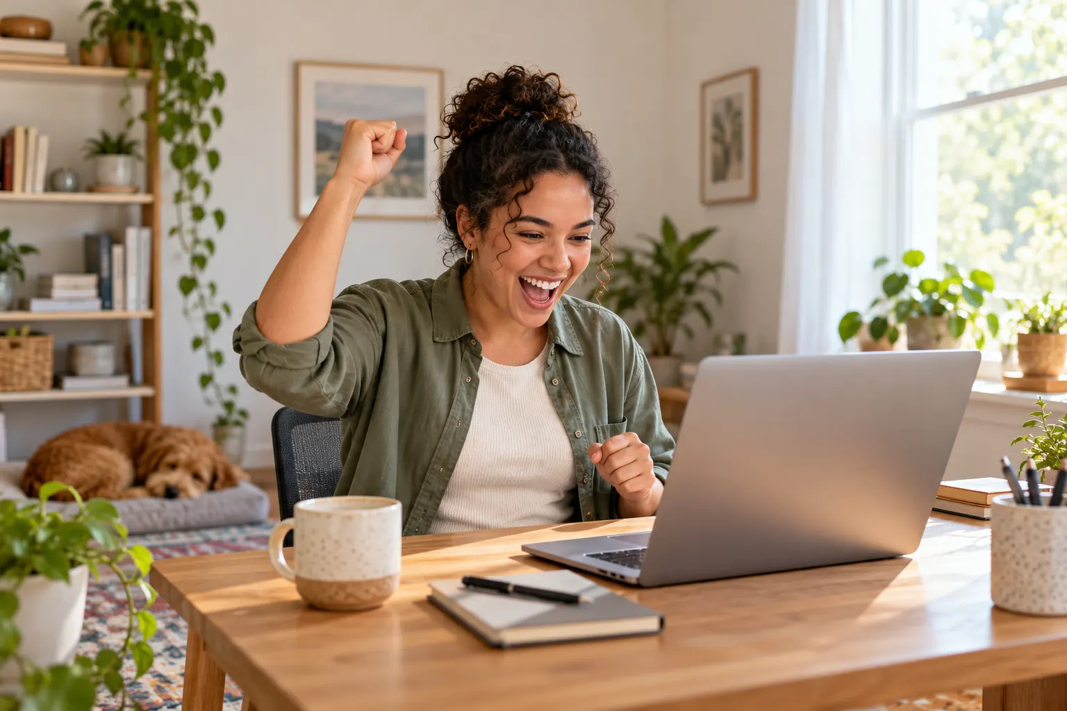 A remote worker at a sunny home desk pumps her fist at her laptop as her dog naps behind her.