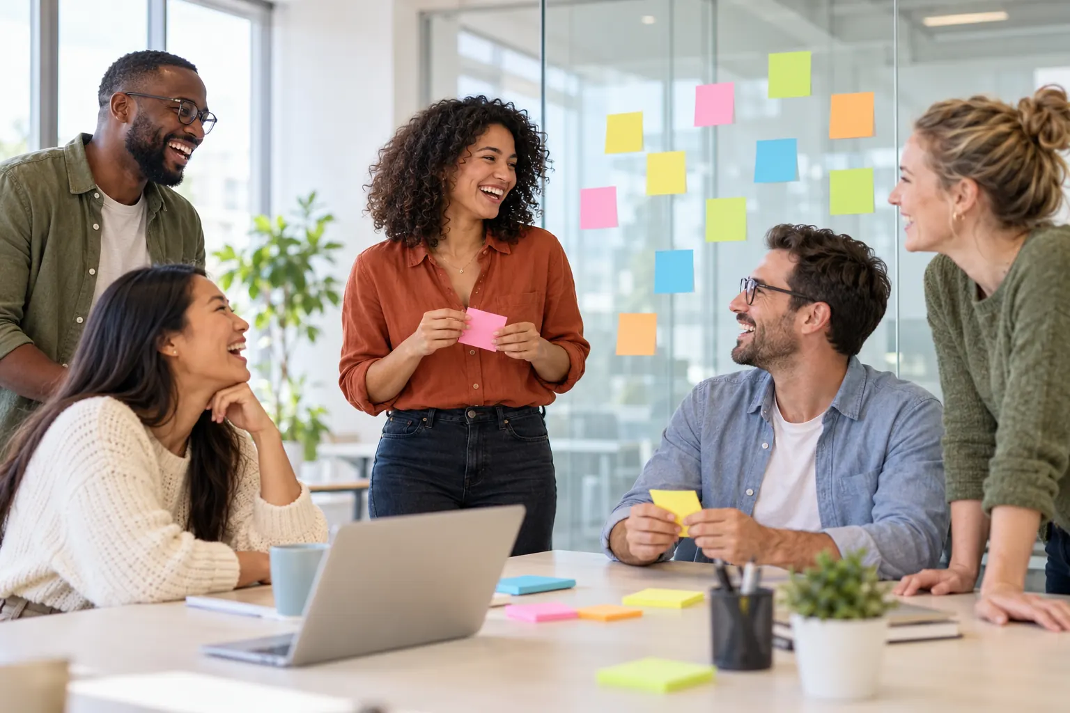A leadership team laughs during a warm-up in a bright meeting room with sticky notes on a glass wall.