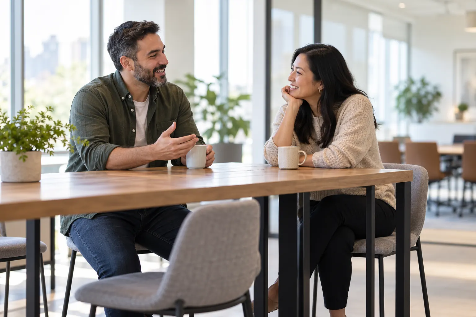 Two managers share a story over coffee at a high table before a meeting, in natural light.