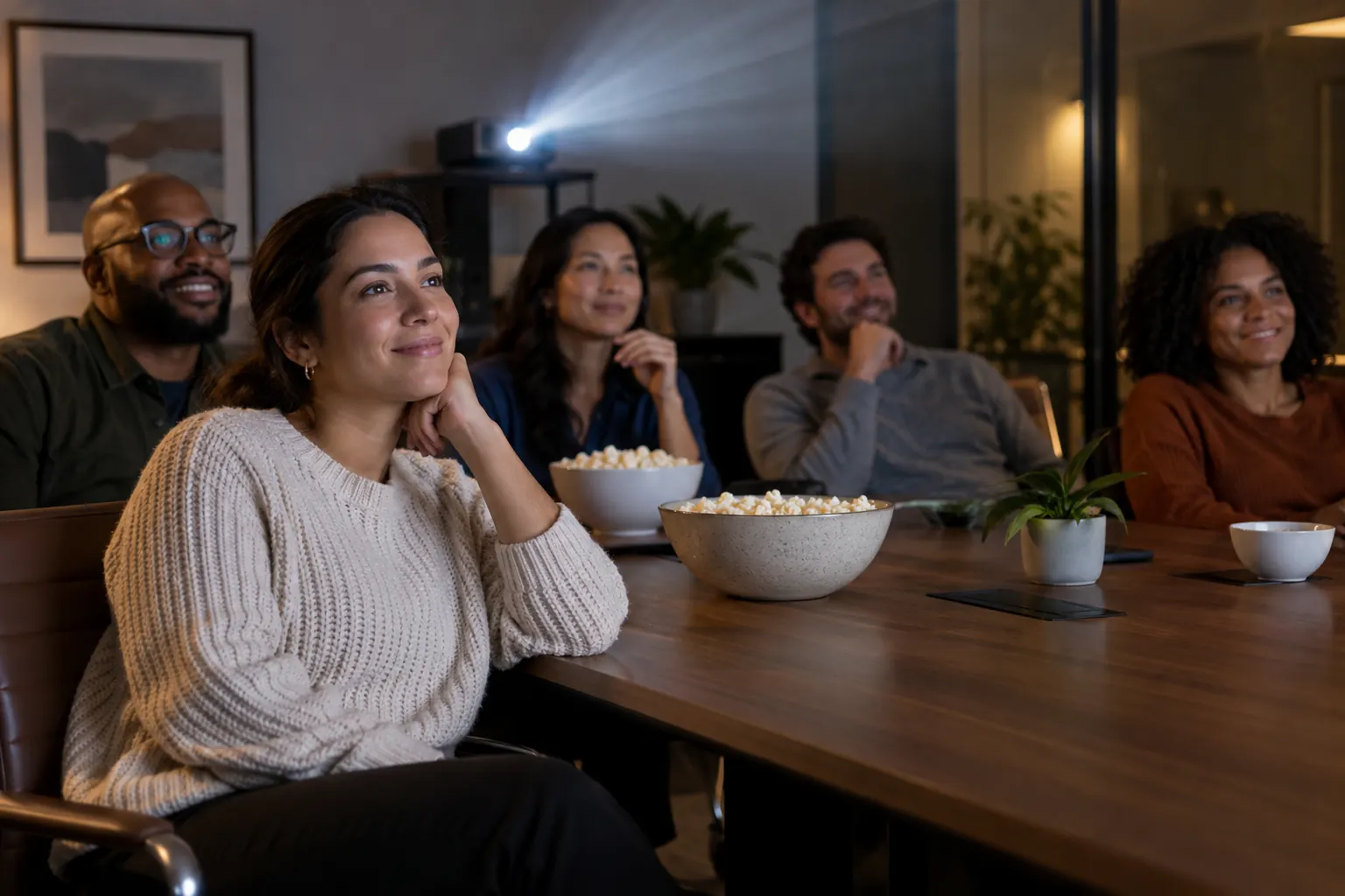 Five coworkers watch a film in a darkened conference room lit by a projector, with popcorn bowls.