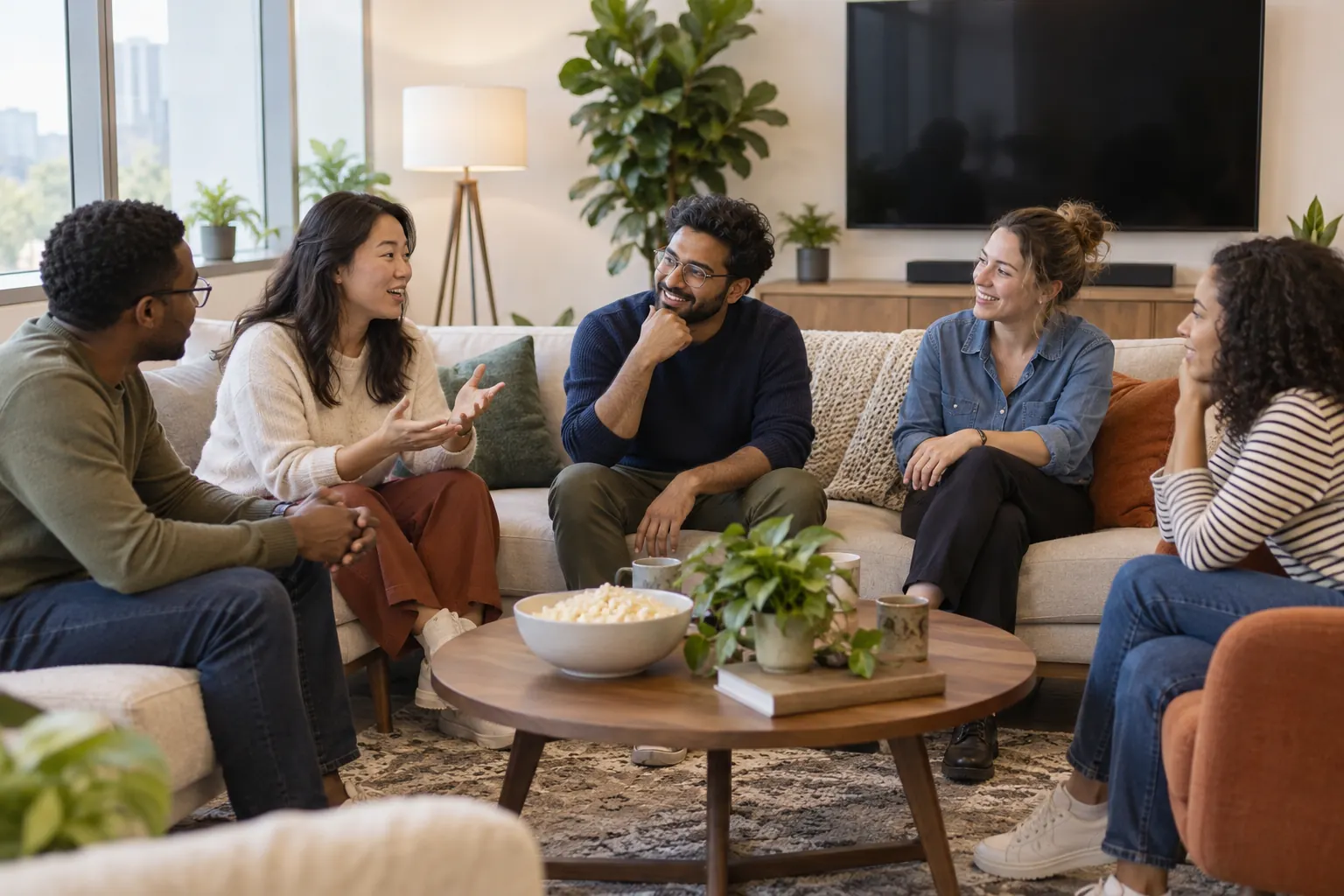 Five colleagues on sofas in an office lounge talk animatedly around a coffee table with popcorn.