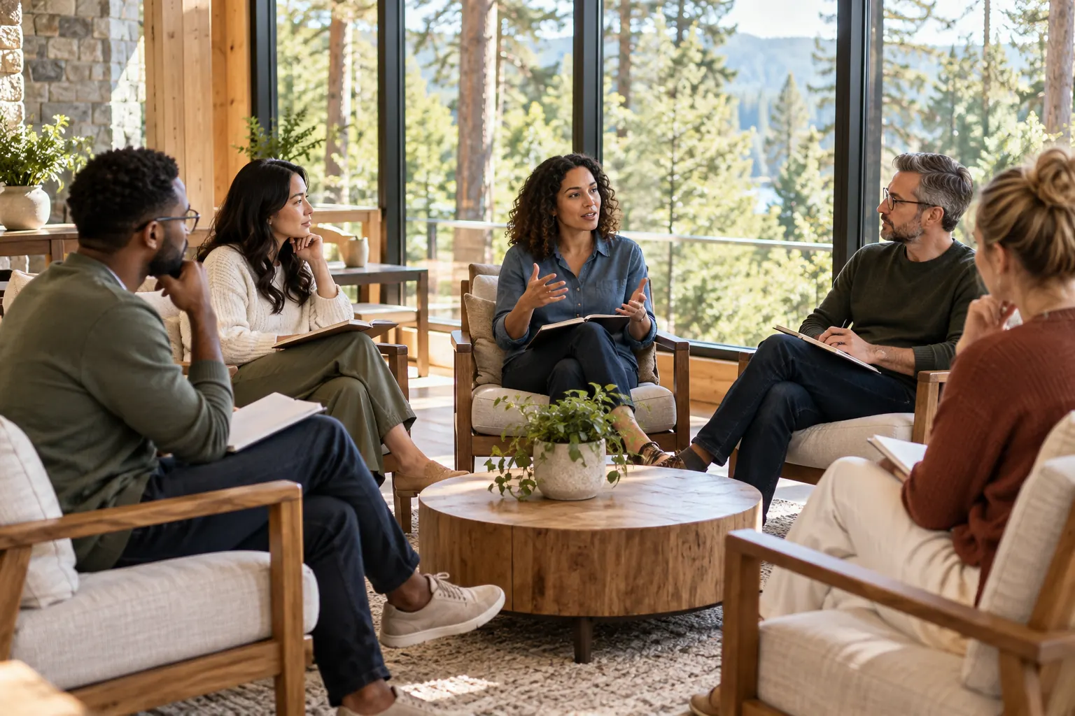 Five colleagues talk in a circle of armchairs in a sunlit lodge room with windows onto a forest.