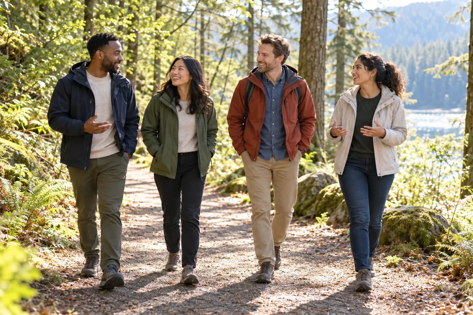 Four colleagues in outdoor jackets walk and talk along a forest trail on a sunny morning.