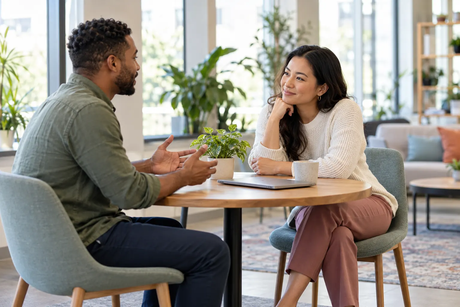 A team lead listens closely to a colleague during a relaxed one-on-one at a small table in a bright office.