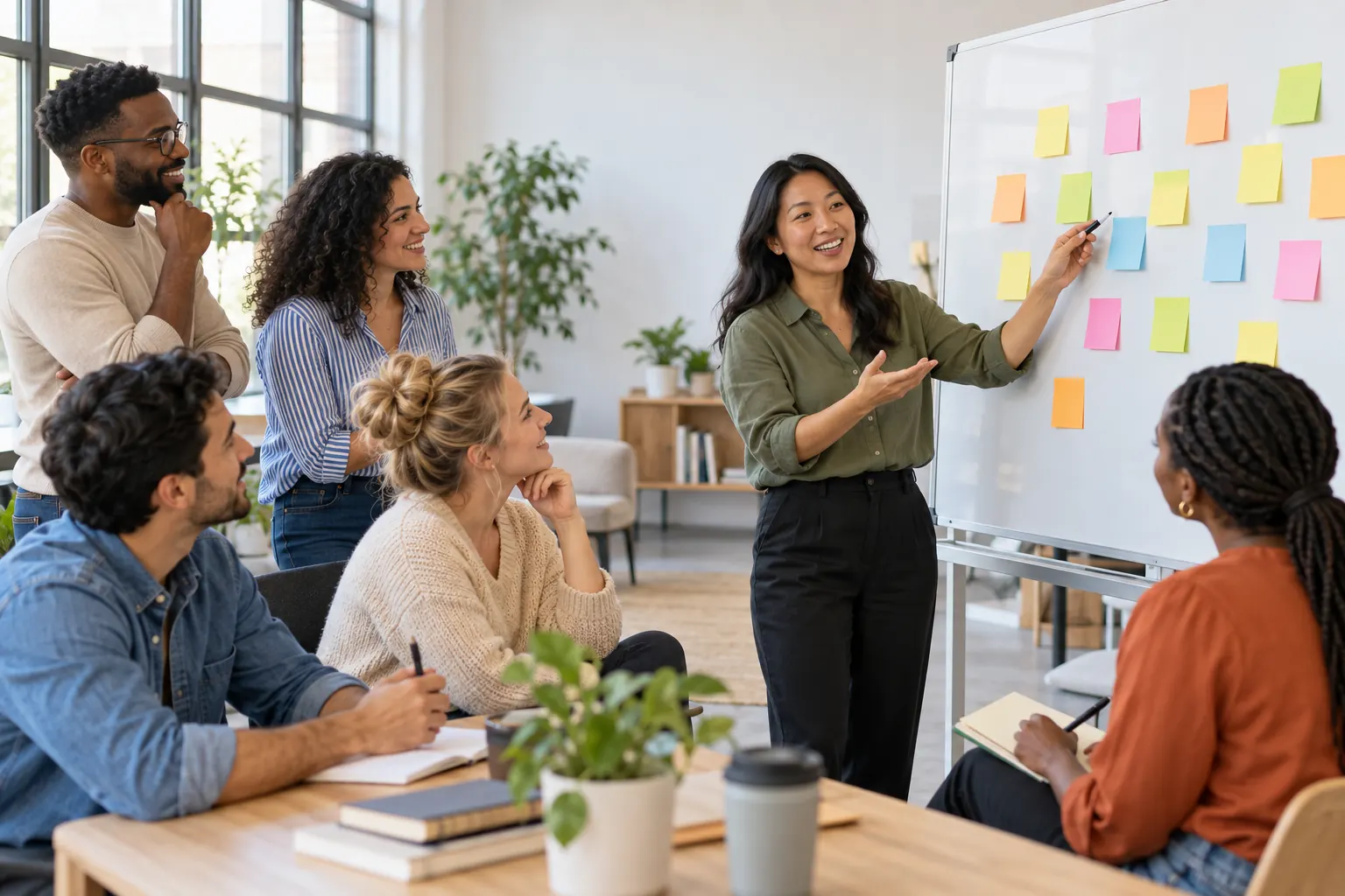 A manager points to colored sticky notes on a whiteboard while her team listens and takes notes.