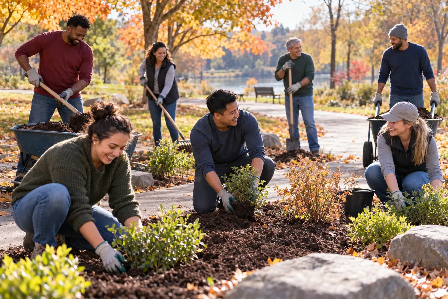 Coworkers in work gloves plant shrubs and spread mulch along a park path on a sunny autumn morning.