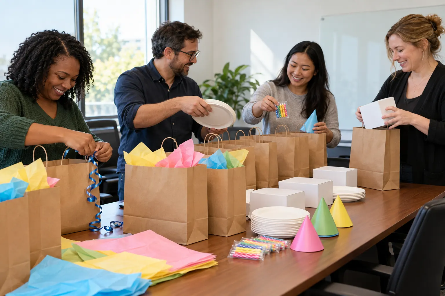 Four coworkers pack birthday gift bags with paper plates, candles and party hats at an office conference table.