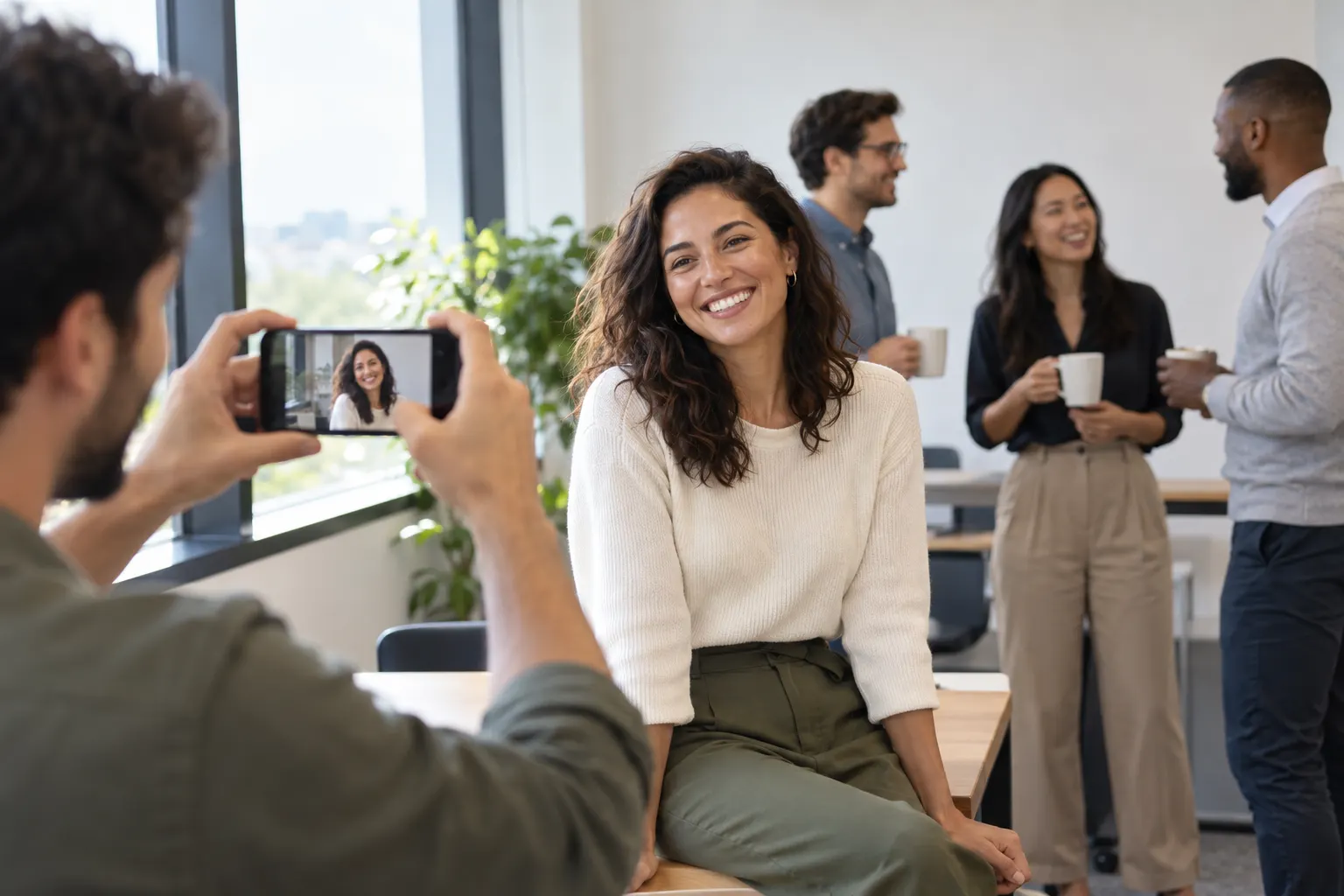 A smiling woman sits on the edge of a desk while a coworker takes her photo on a phone, with teammates chatting over coffee behind them