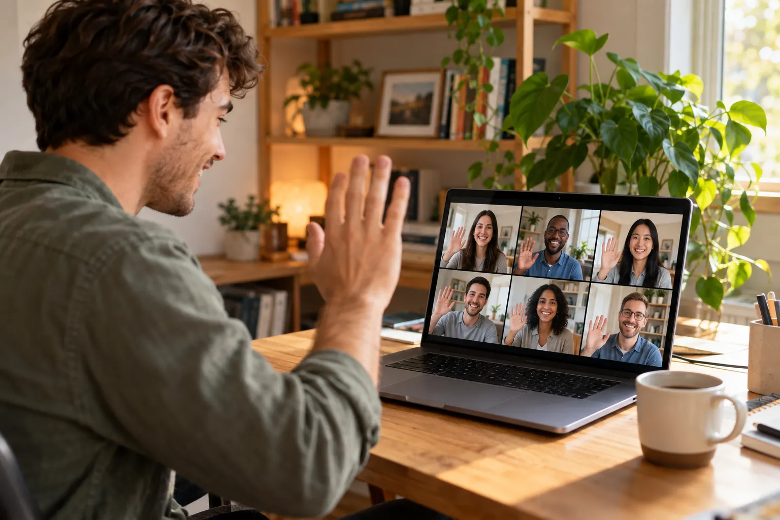 A man waves at his laptop from a sunny home desk while six teammates on the video call smile and wave back