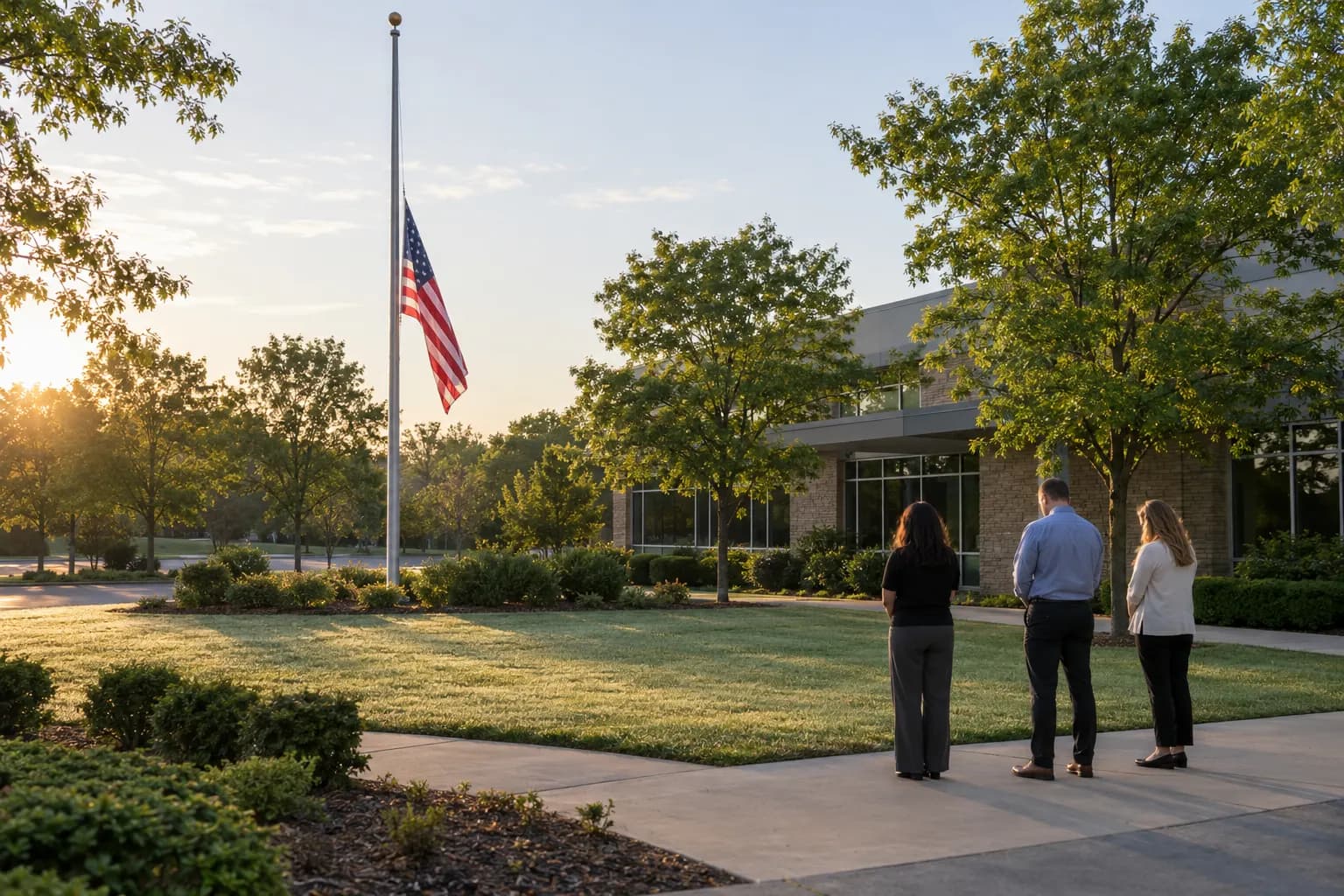 An American flag at half-staff outside an office building as three coworkers stand quietly on the path nearby
