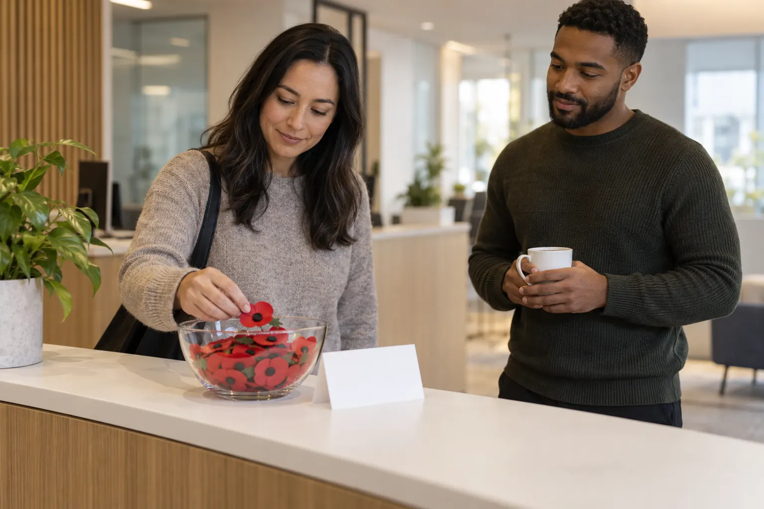 A coworker takes a red paper poppy from a bowl on an office reception counter beside a small card