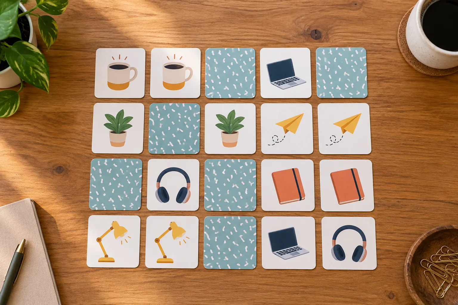 Matching cards with coffee cups, laptops, plants and paper planes laid out in a grid on a wooden desk.