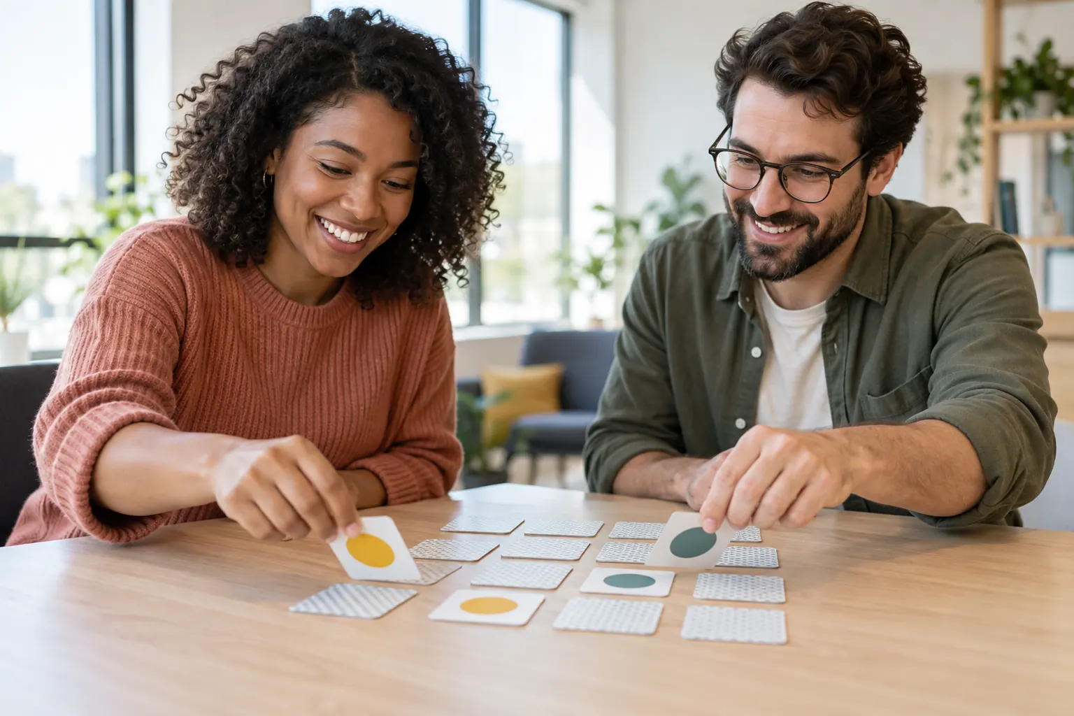 Two smiling coworkers flipping cards in a matching game on a table in a bright office.