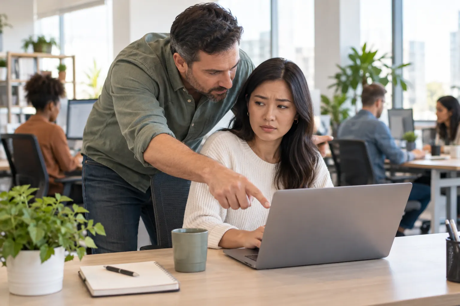 A manager leans over a seated employee's shoulder, pointing at her laptop while she looks uneasy.