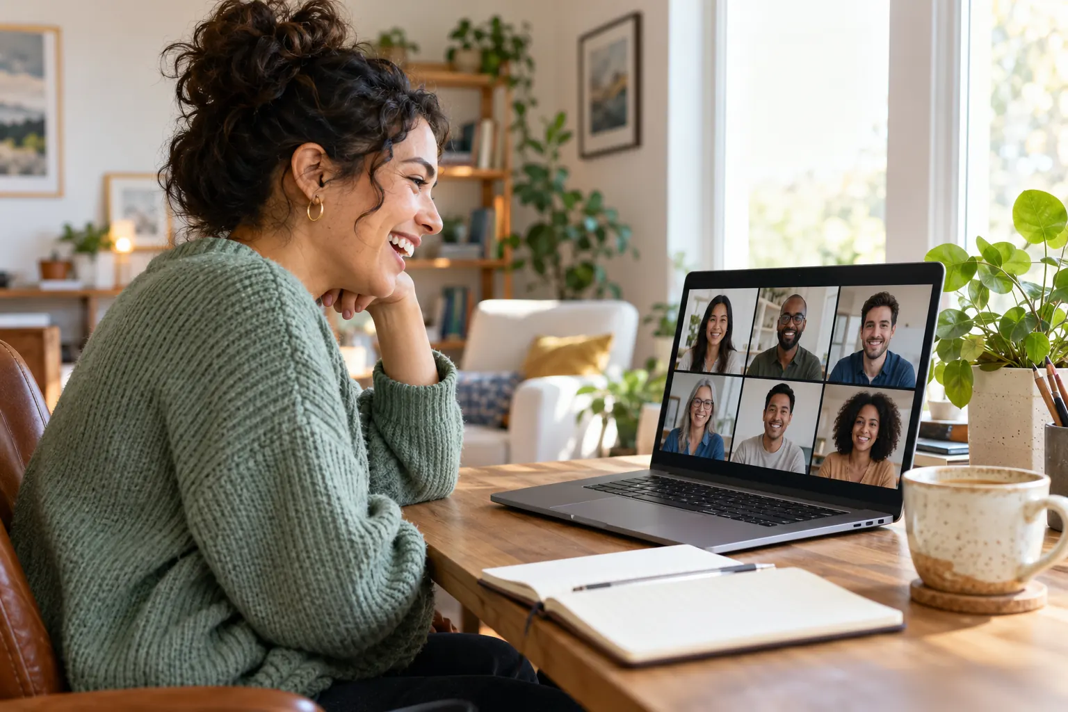 An employee at a laptop laughs during a video call with a grid of colleagues, a notebook and coffee beside her.