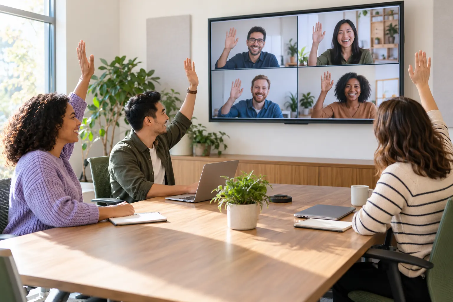 Three coworkers at a conference table raise their hands along with four remote colleagues on the wall screen.