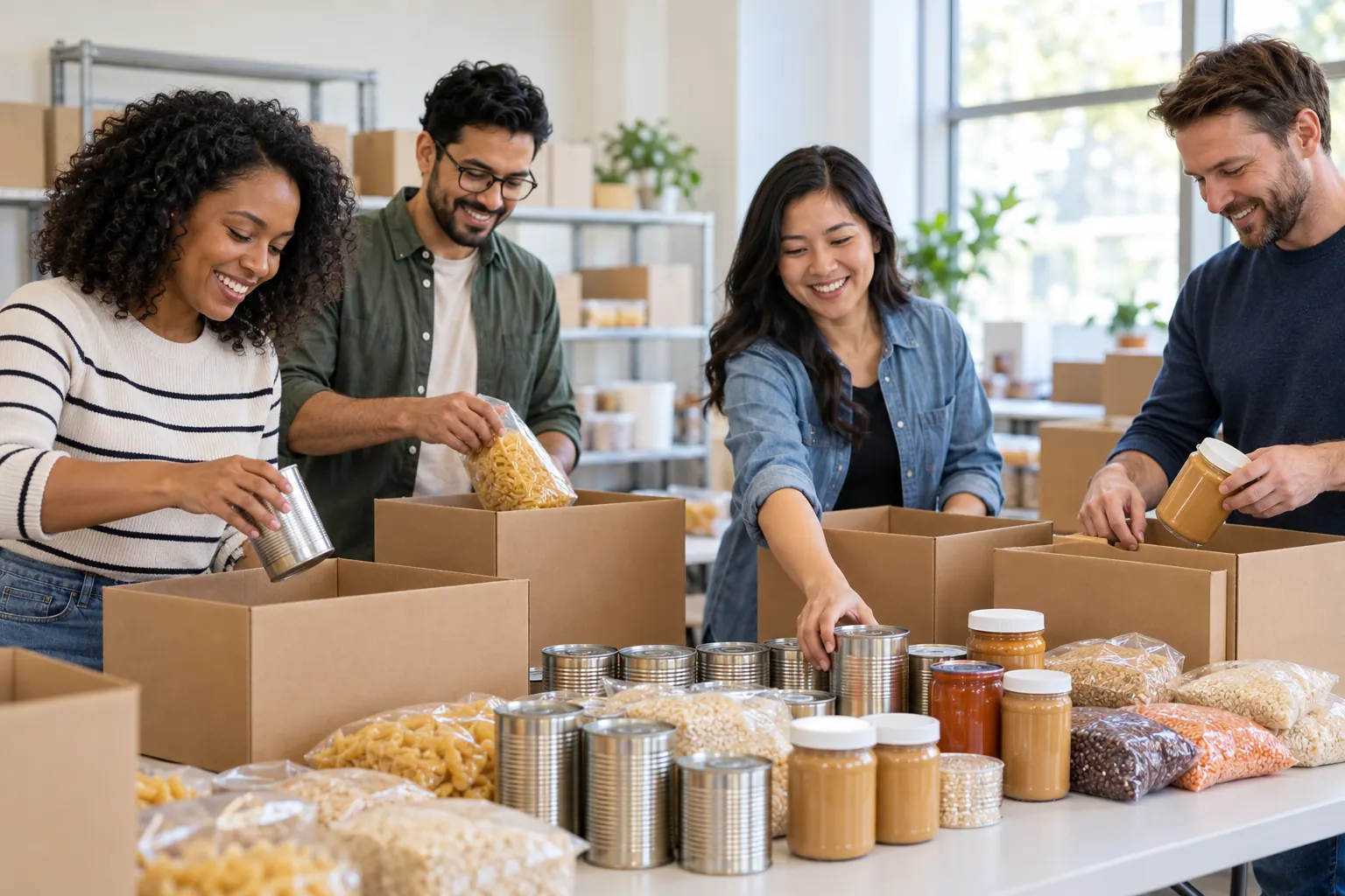 Coworkers pack food donation boxes side by side at a community center, smiling as they work.