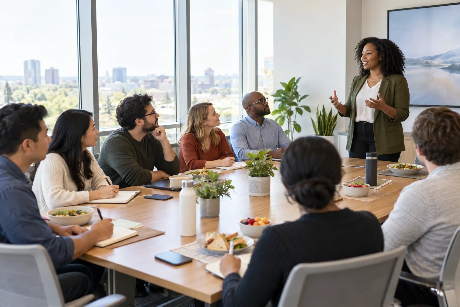 Employees in a bright conference room listen to a guest speaker at a lunch-and-learn, some taking notes.
