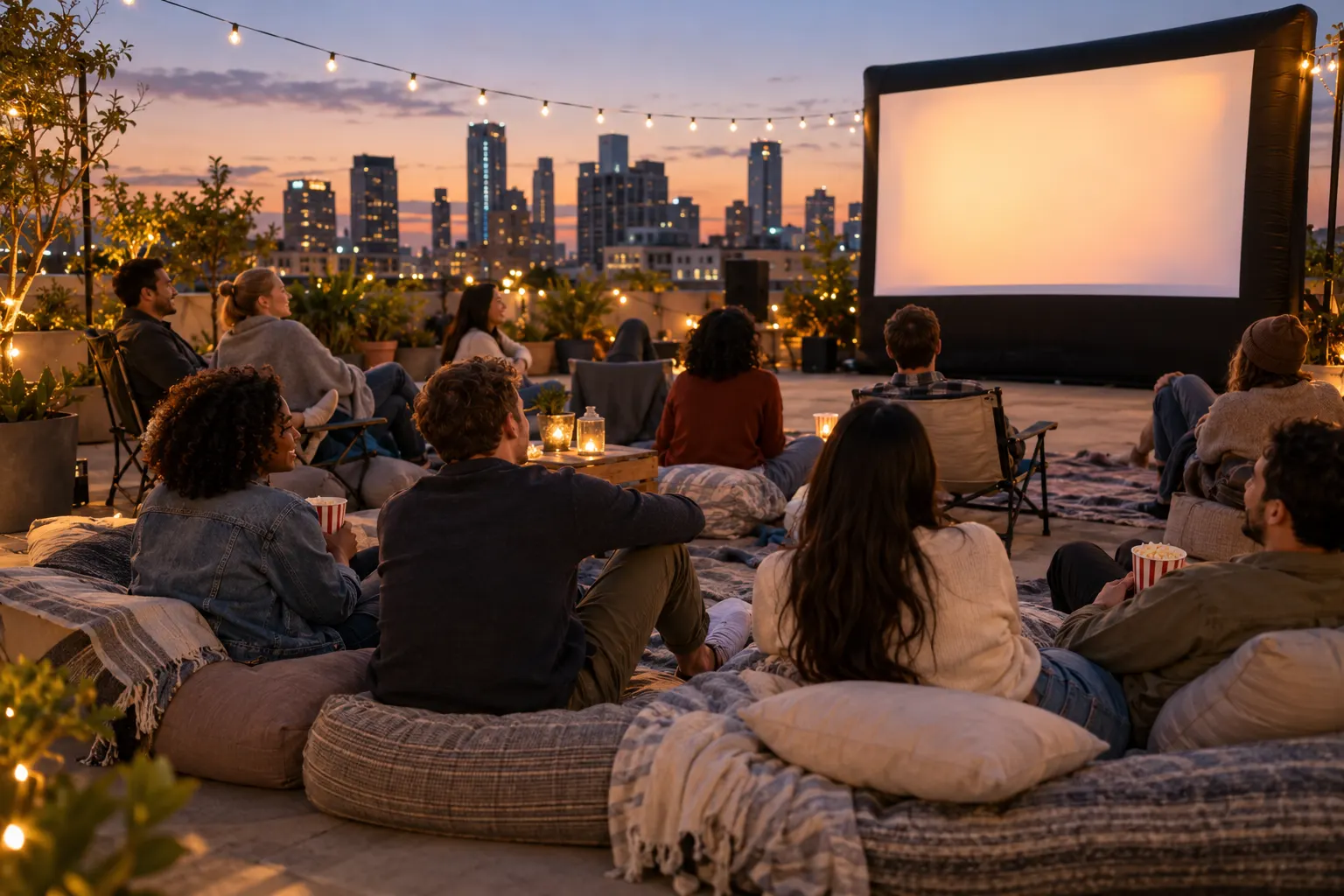 Coworkers sit on cushions and folding chairs facing an inflatable screen on a city rooftop at dusk, some holding popcorn.