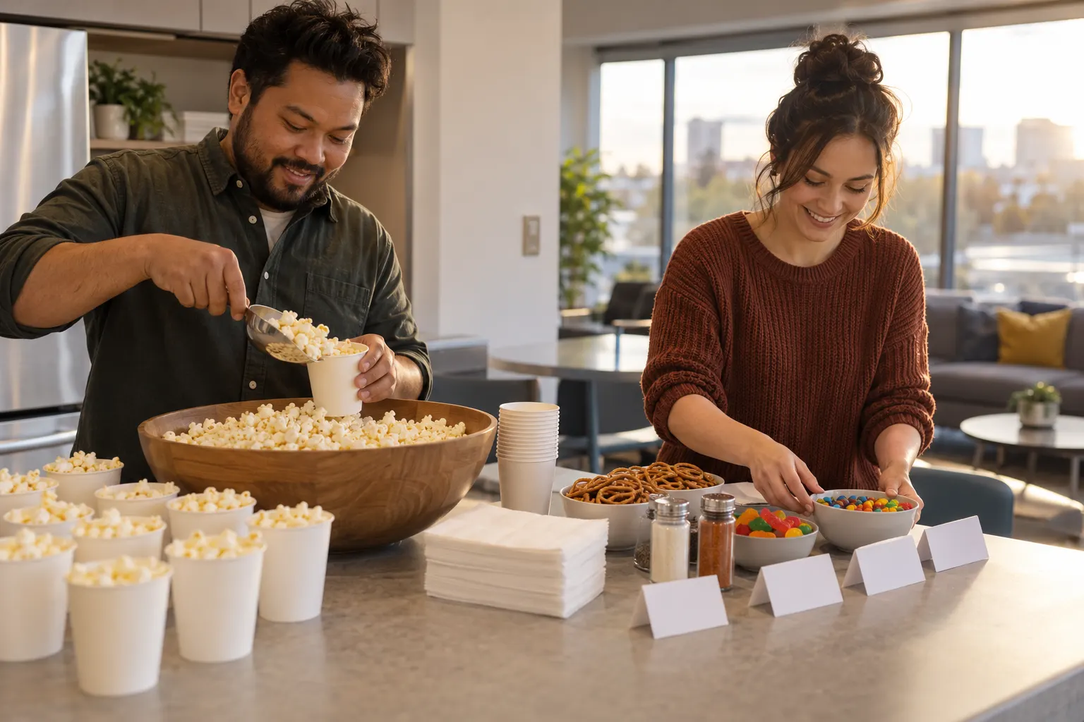 Two coworkers scoop popcorn into paper cups and set out bowls of pretzels and candy on an office kitchen counter.