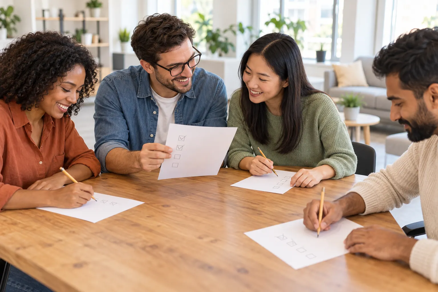 A team at a wooden table ticks boxes on paper answer sheets while two of them compare sheets and smile.