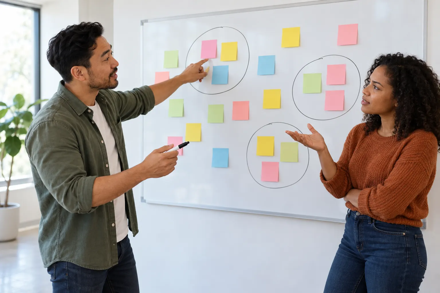 Two colleagues debate in front of a whiteboard of colored sticky notes, some circled, one holding a marker.