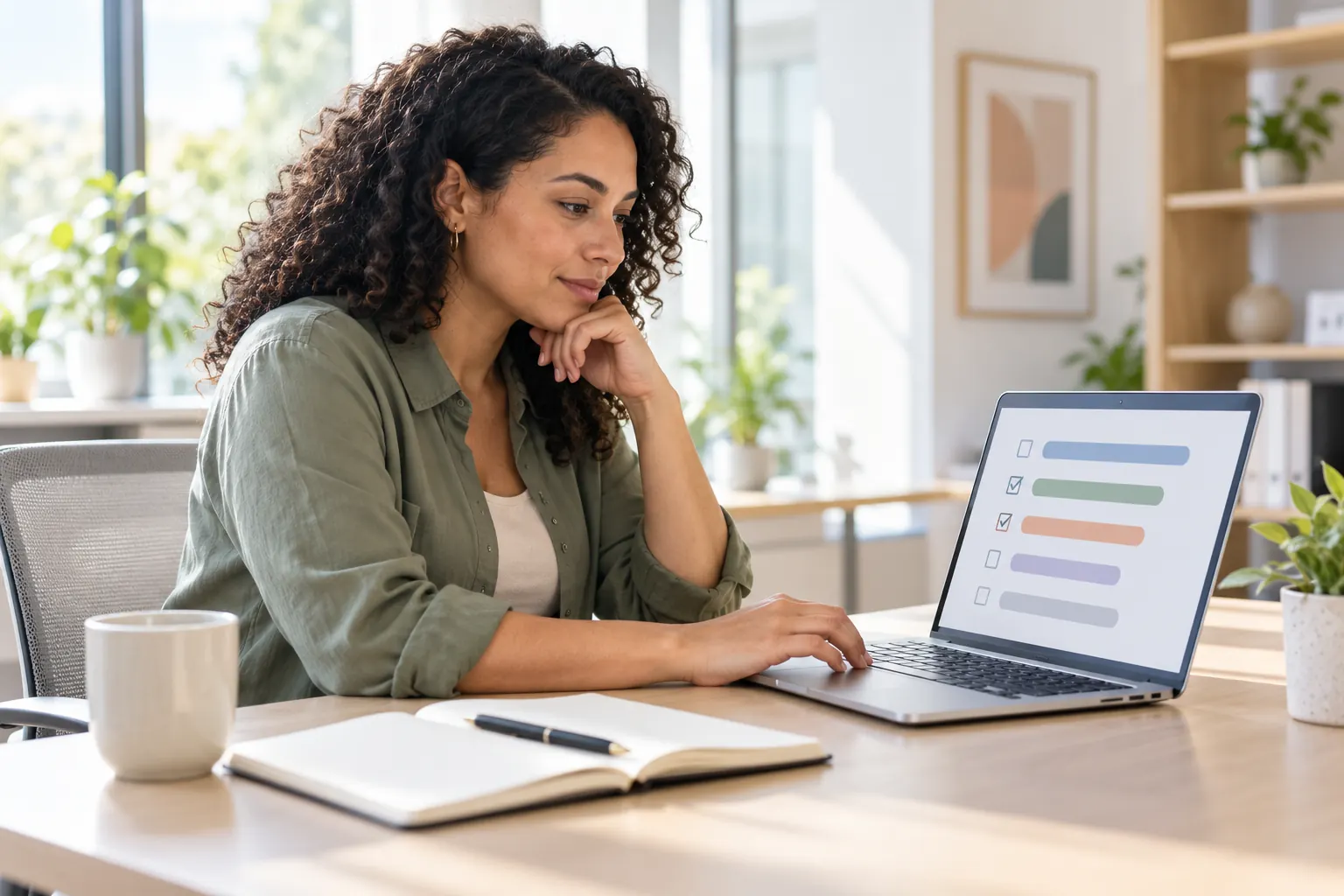 A woman at a laptop thinks over a multiple choice survey on screen, with a notebook and mug beside her.